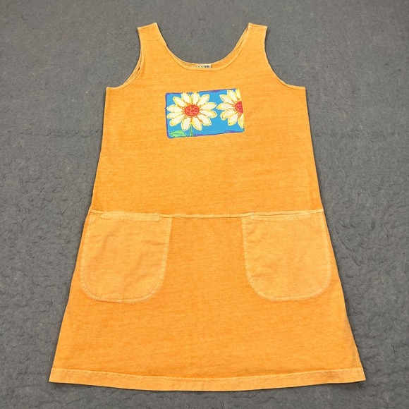 Fresh Produce Tank Dress Women's Large Orange Sunflower Patch Pocket Top Retro - Picture 1 of 12